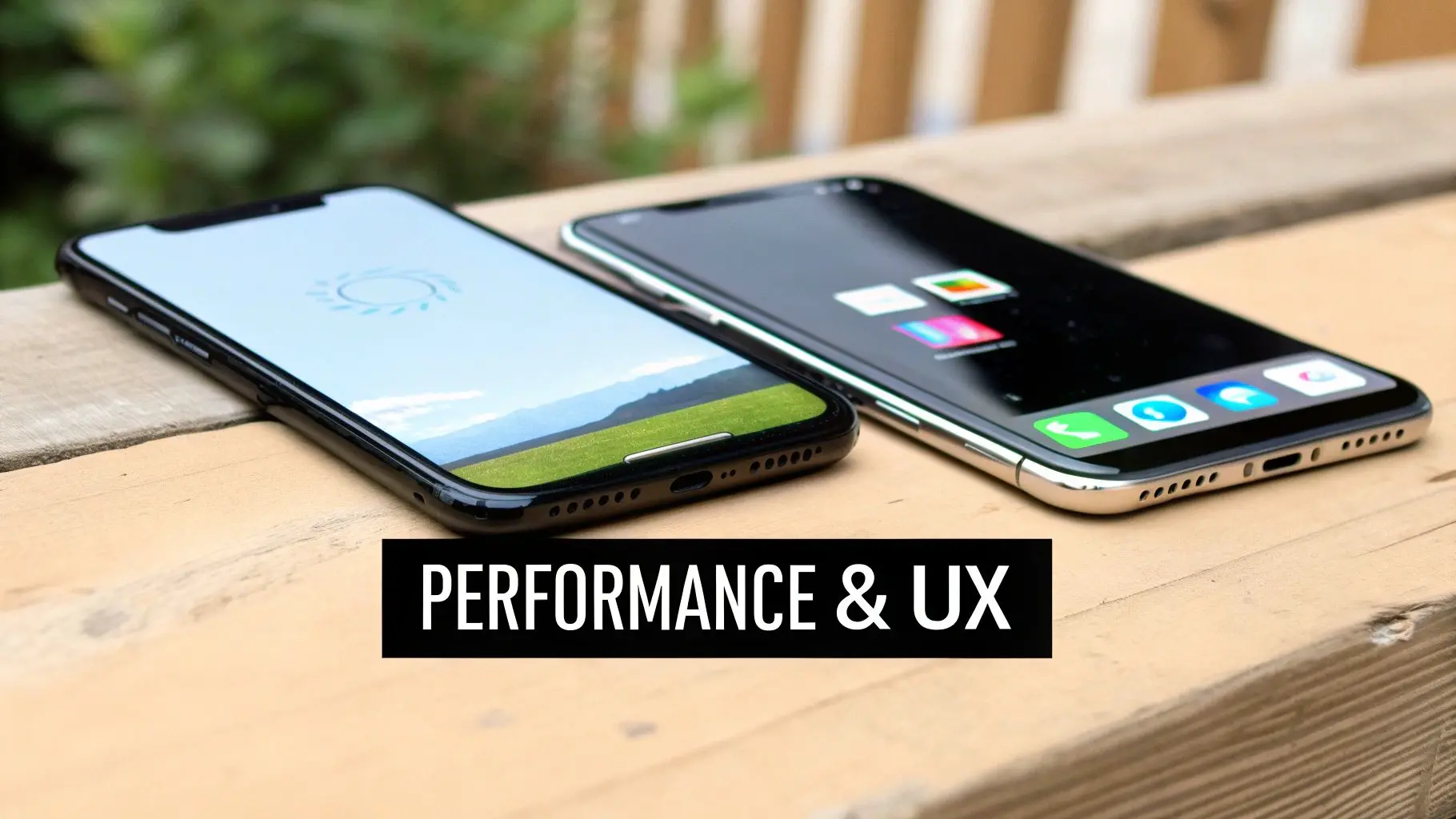 Close-up of two smartphones on a wooden desk, showcasing app performance and user experience.