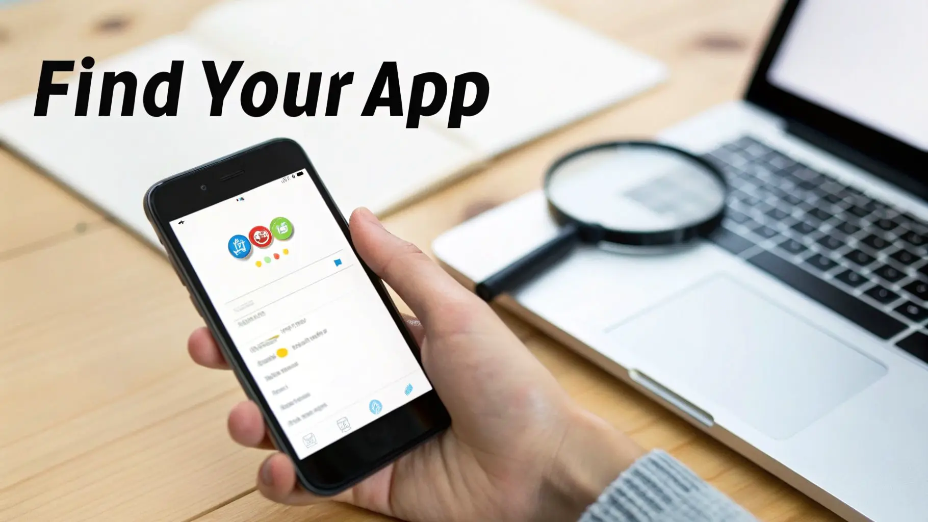 A person holds a smartphone displaying an app search interface, with a laptop and magnifying glass on a wooden desk.