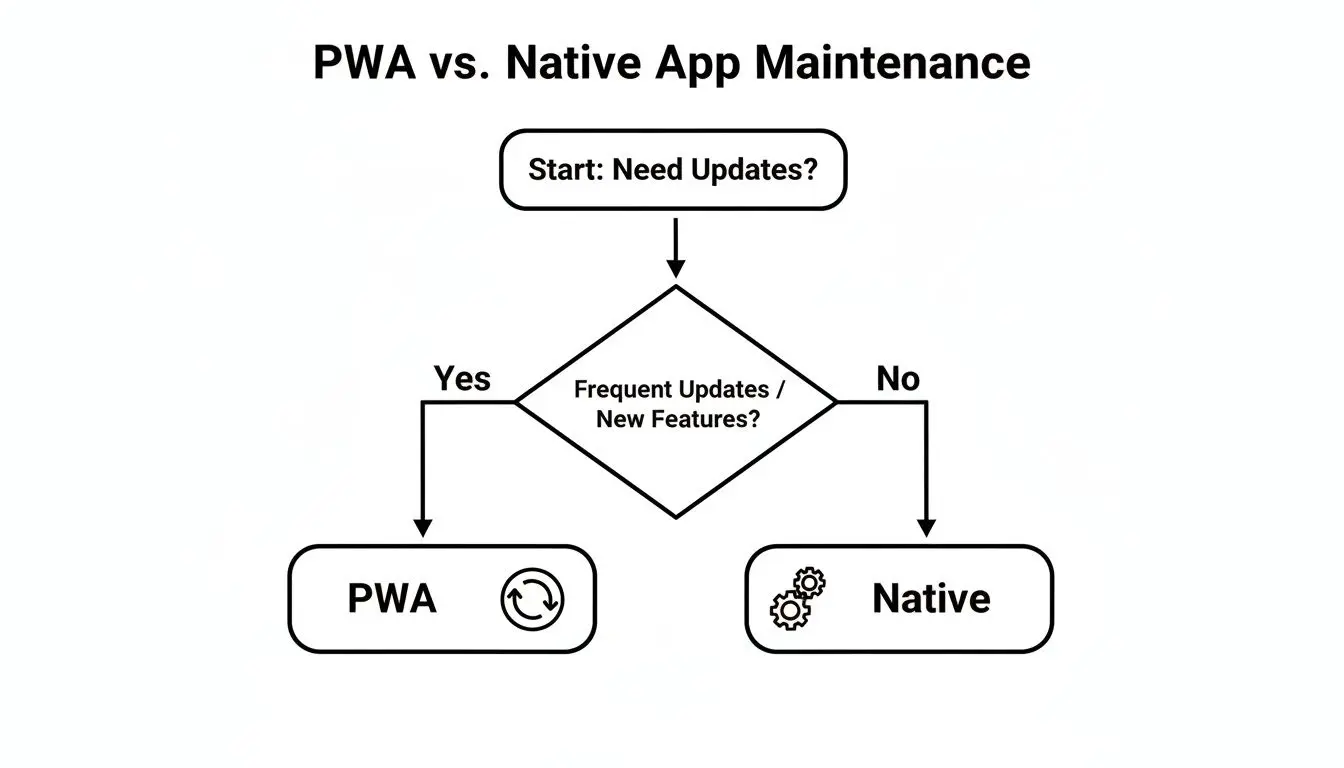 Flowchart comparing PWA and Native app maintenance based on the need for frequent updates.