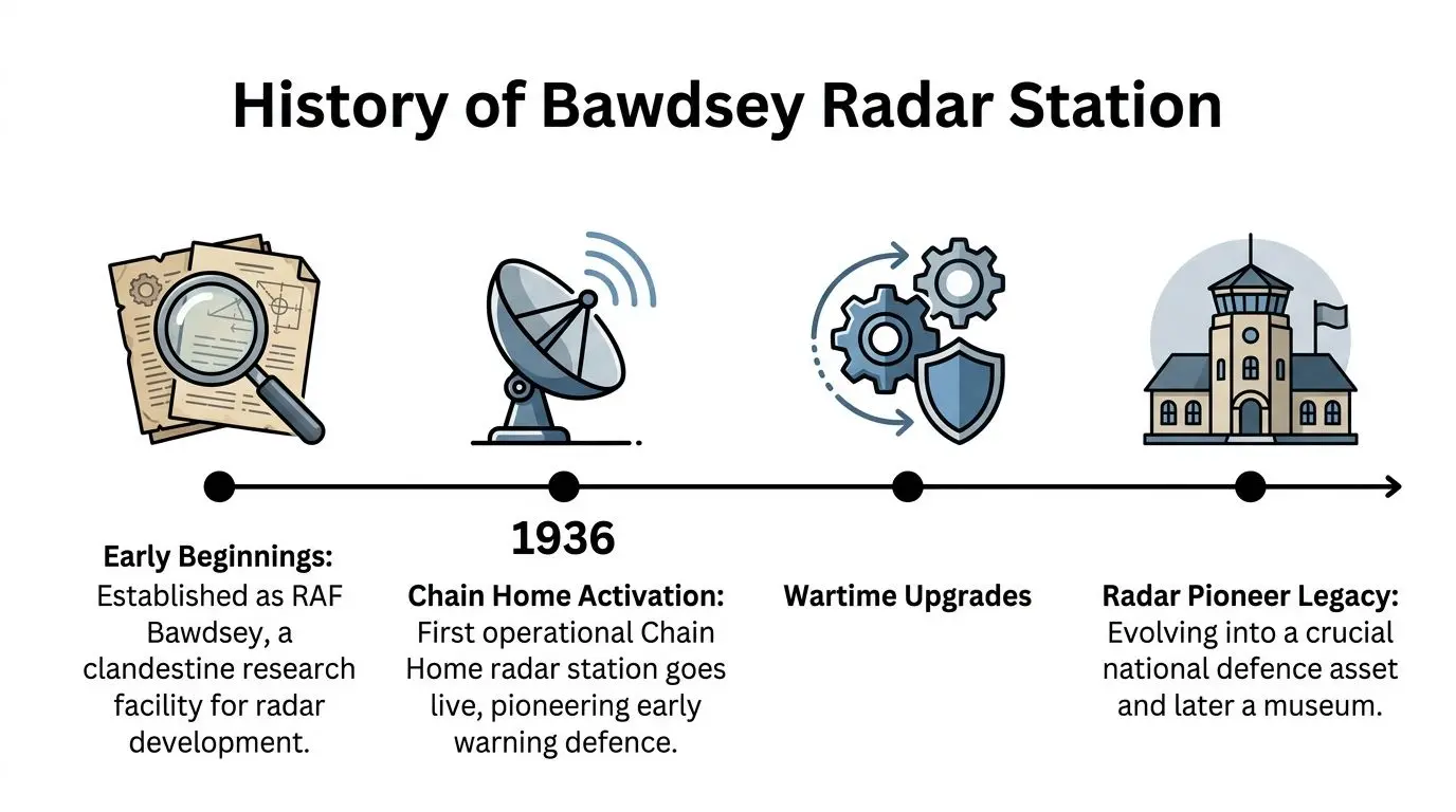 A timeline graphic showing the history of Bawdsey Radar Station from 1936 to its current status as museum.