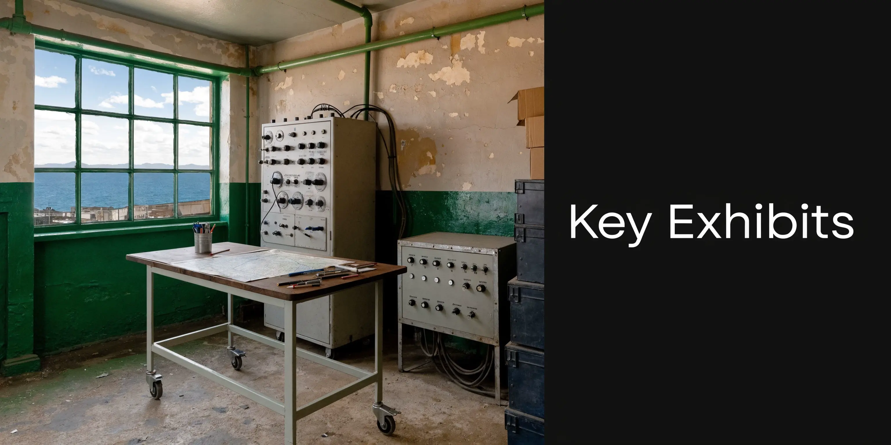 A vintage radar control room at Bawdsey Radar Museum featuring electronic equipment, a drafting table, and sea views.