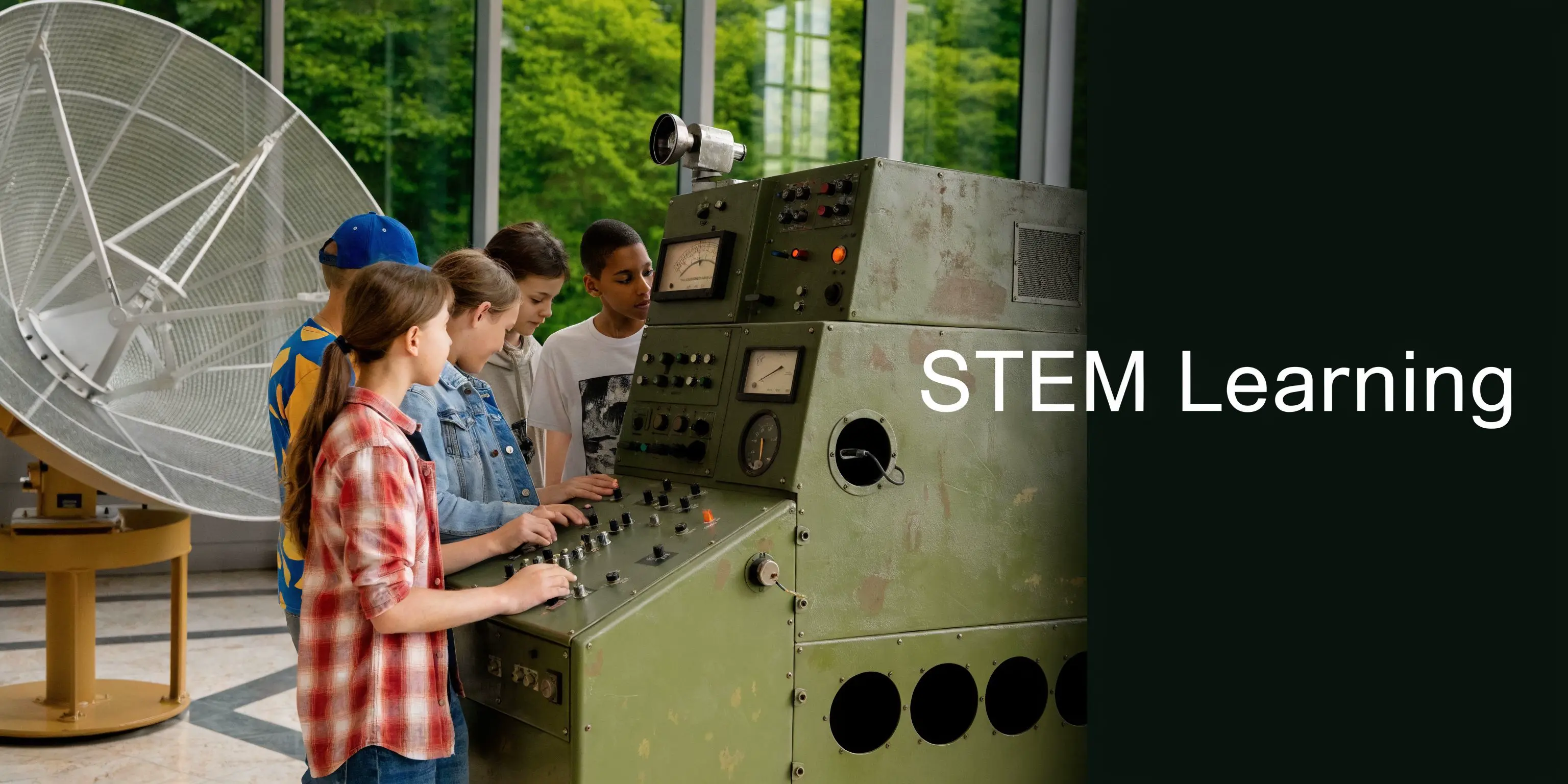 A group of diverse students interacting with technical controls at the Bawdsey Radar Museum science exhibit.