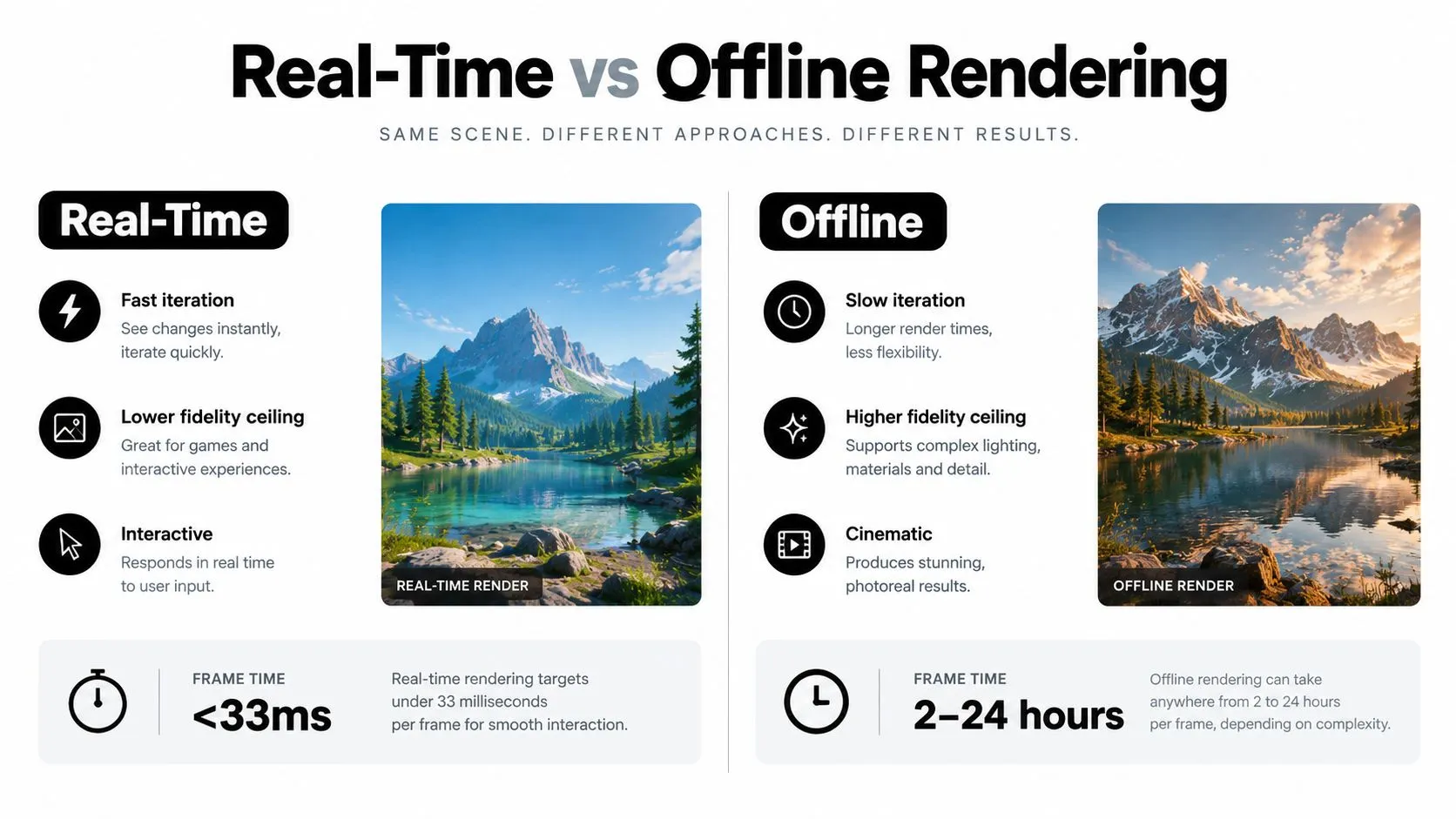 A comparison infographic showing the key differences between real-time and offline 3D rendering visual outputs.