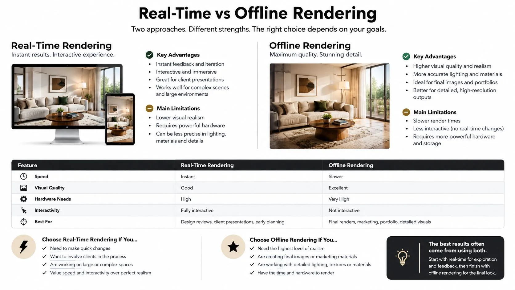 A comparison chart explaining the key differences, advantages, and limitations of real-time versus offline rendering technologies.