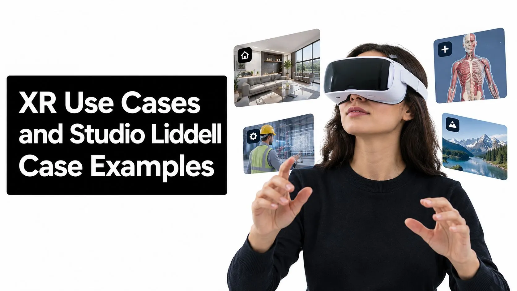A person wearing a virtual reality headset interacting with digital holographic interfaces displaying various industry use cases.