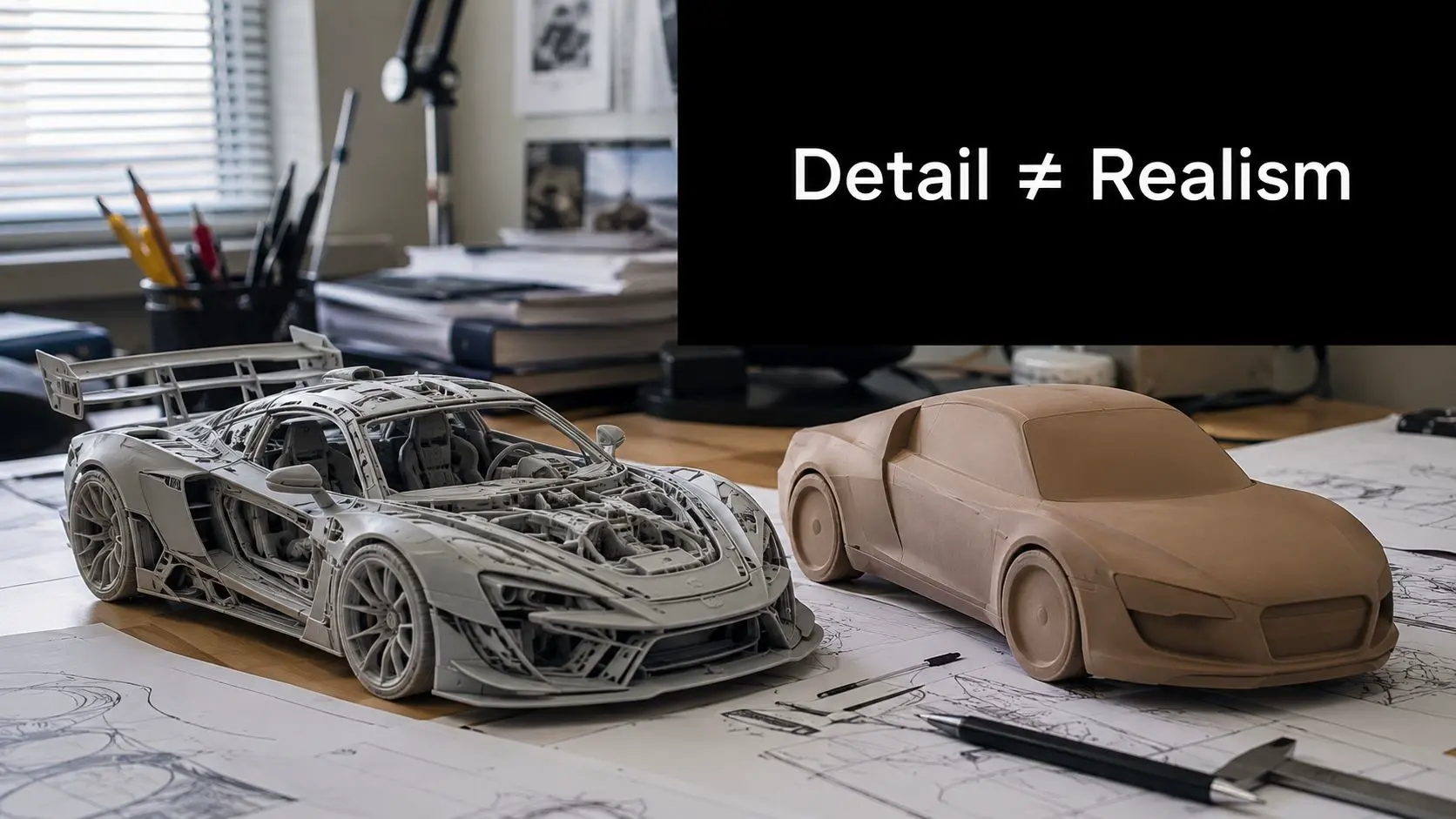 A detailed skeletal model of a sports car sits next to a smooth clay prototype on a desk.