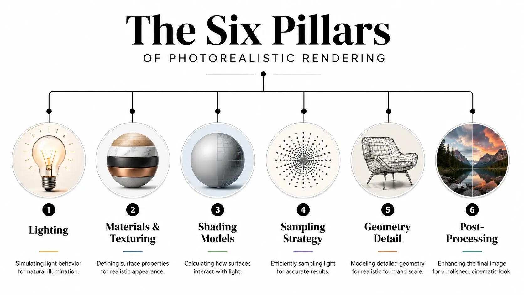An infographic titled The Six Pillars of Photorealistic Rendering, listing six core principles for realistic digital images.
