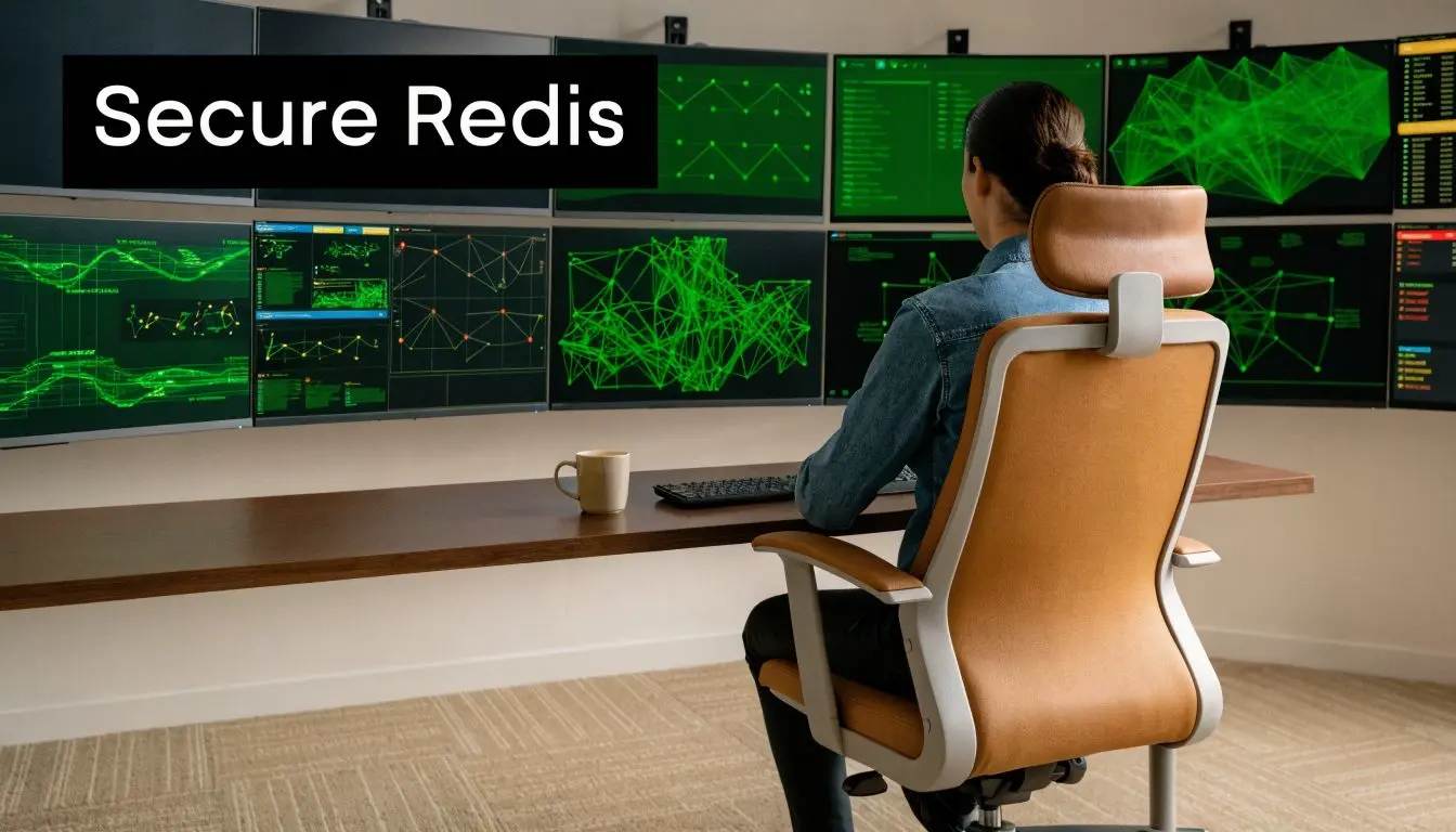 A person sitting at a desk monitoring complex data visualizations on multiple screens in a modern office.