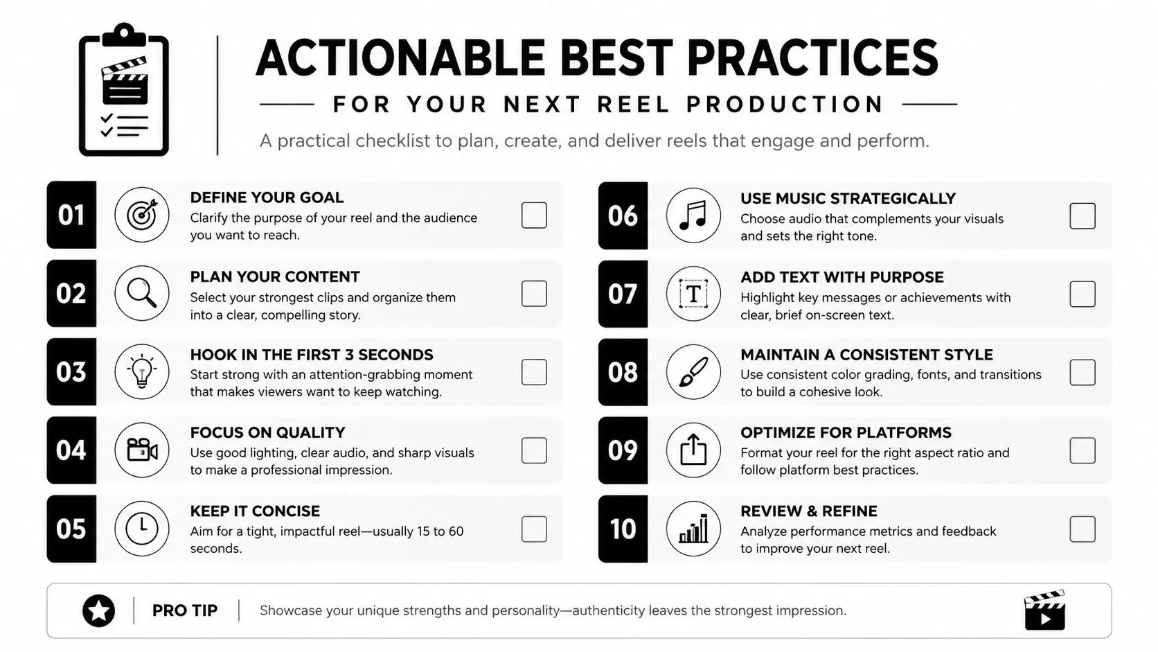 A checklist titled Actionable Best Practices for Reel Production containing ten steps for creating effective social media videos.
