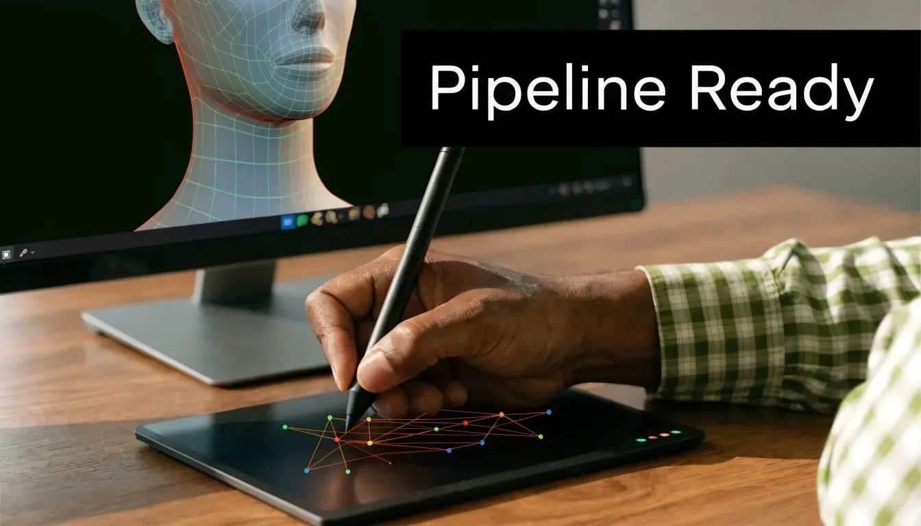 A digital artist works on a 3D model on a graphics tablet for animation production tasks.