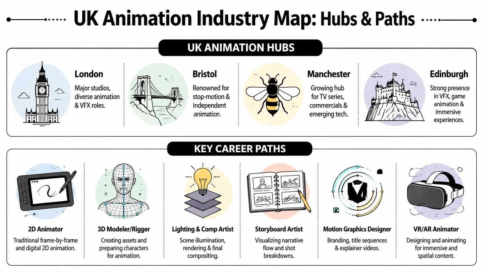 An infographic showing major UK animation industry hubs and key career paths in animation and VFX.