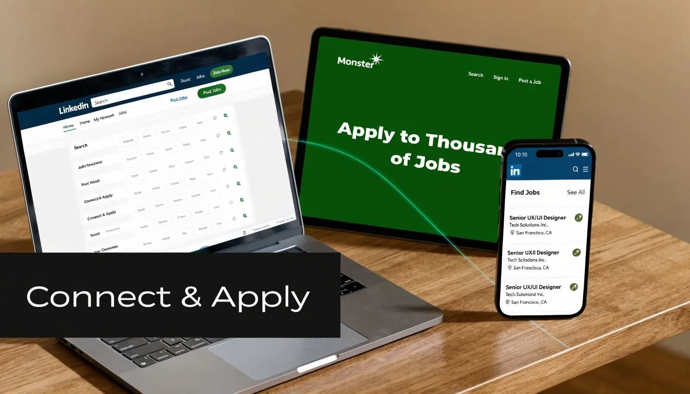 A laptop, tablet, and smartphone displaying various job search websites and professional networking career platforms.