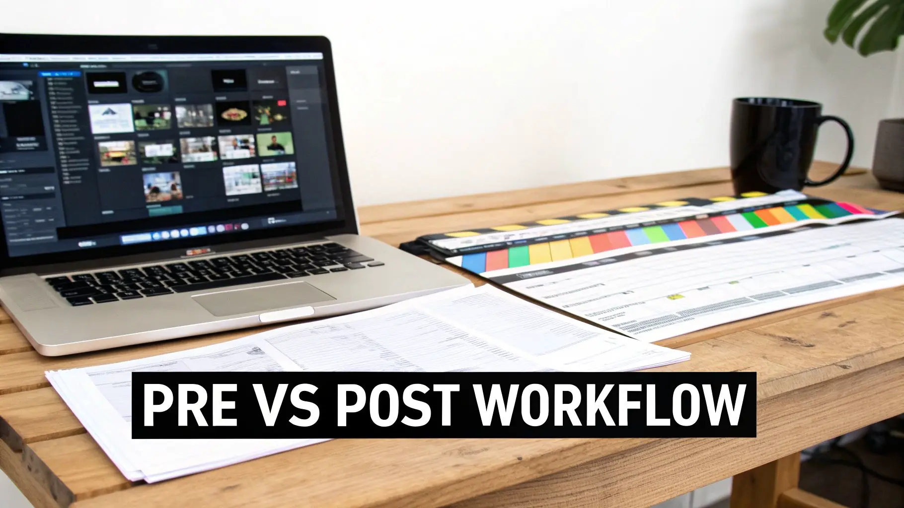 Laptop displaying video editing software, documents, color chart, and clapperboard on a wooden desk.