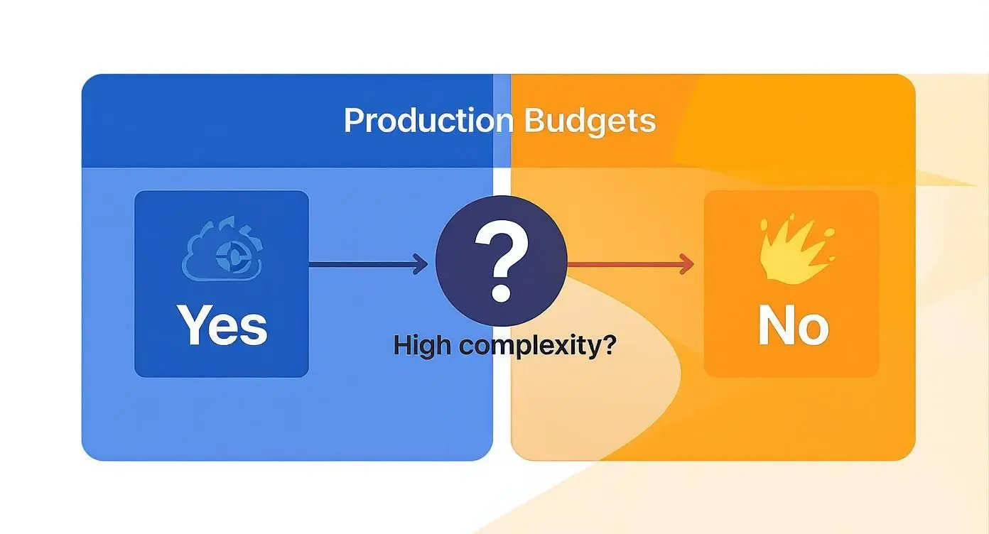 Flowchart illustrating production budget decisions, asking if complexity is high, leading to 'No'.