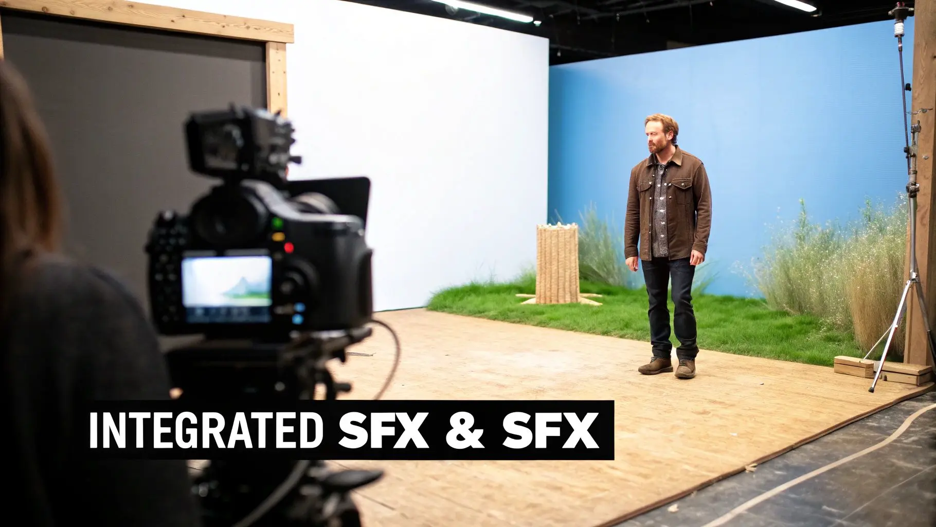A film crew member films a man standing on a studio set with artificial grass and backdrops.
