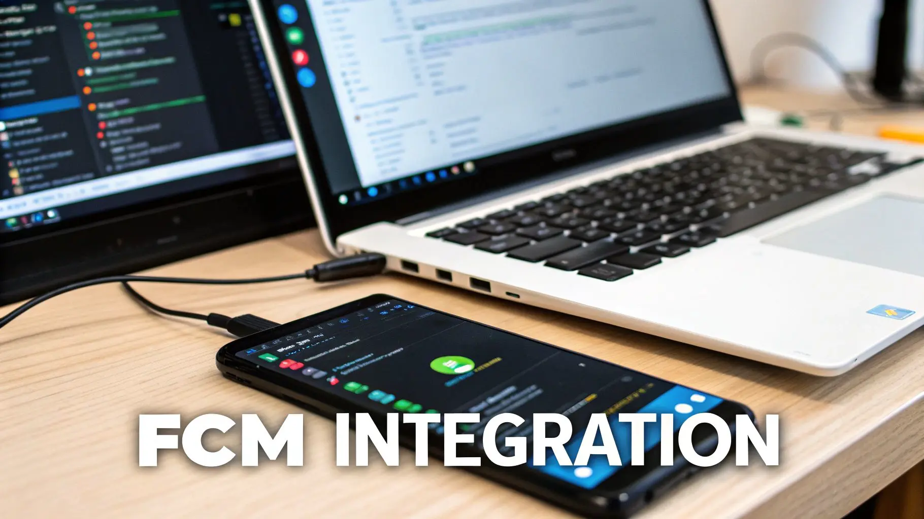 A smartphone connected to a laptop on a wooden desk, displaying FCM integration for push notifications.