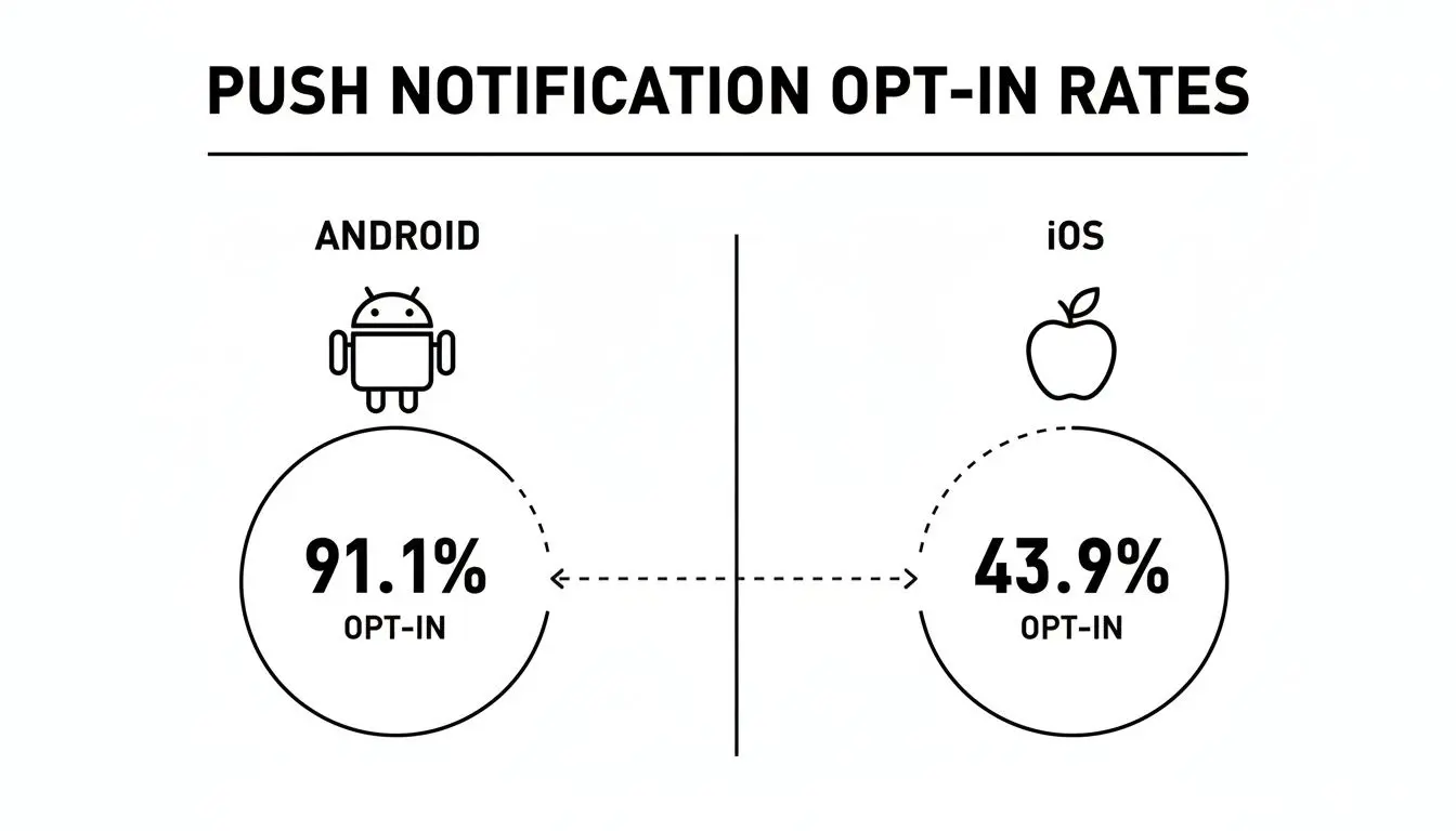 A chart comparing push notification opt-in rates between Android (91.1%) and iOS (43.9%).