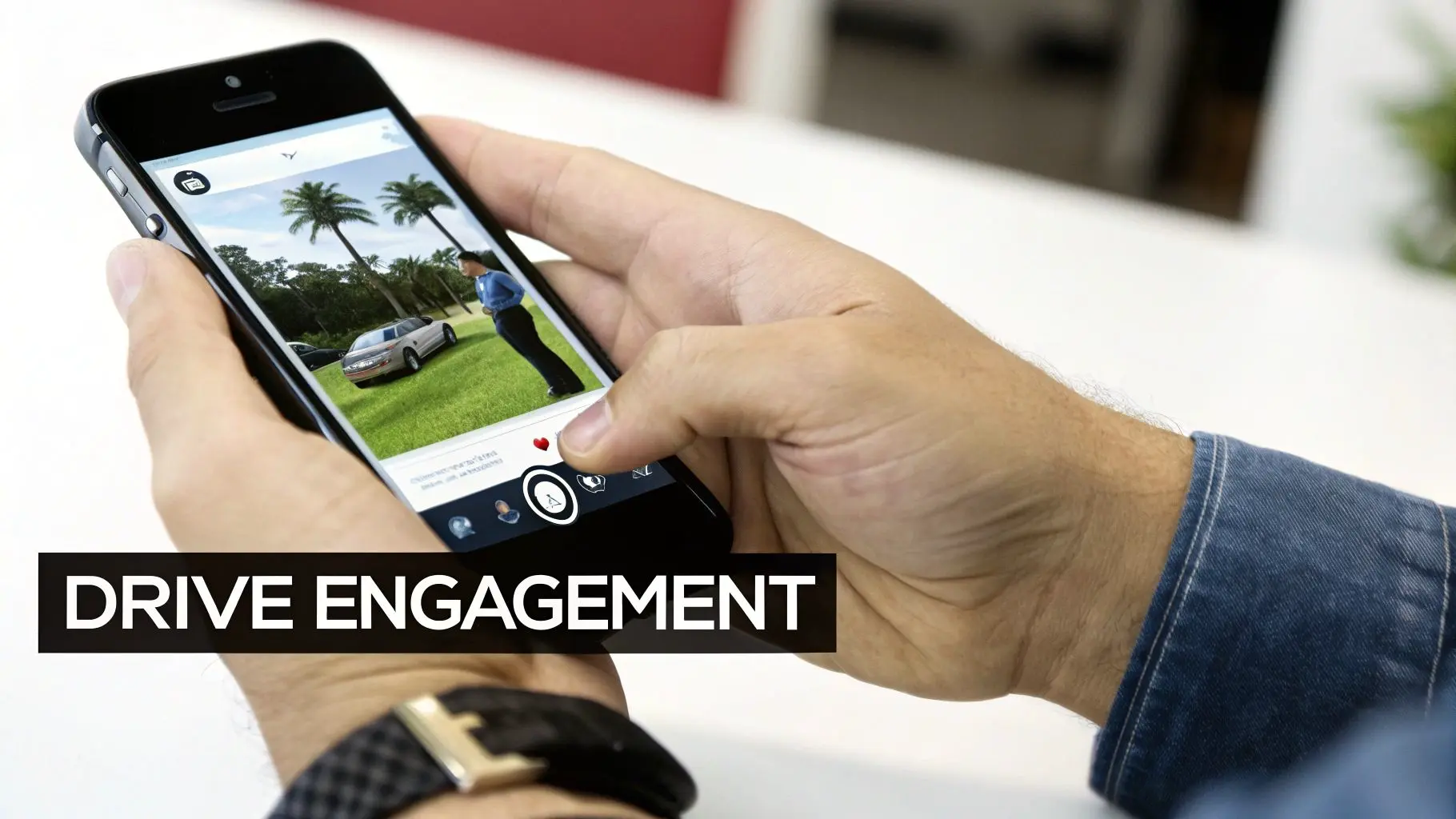 A person holds a smartphone displaying a social media post with a car and a man, overlaid with 'DRIVE ENGAGEMENT' text.