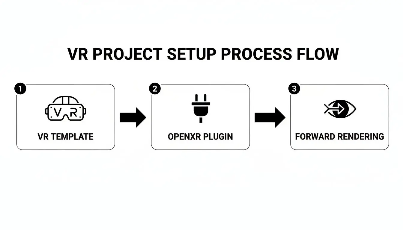 Flowchart illustrating a three-step VR project setup: VR Template, OpenXR Plugin, and Forward Rendering.