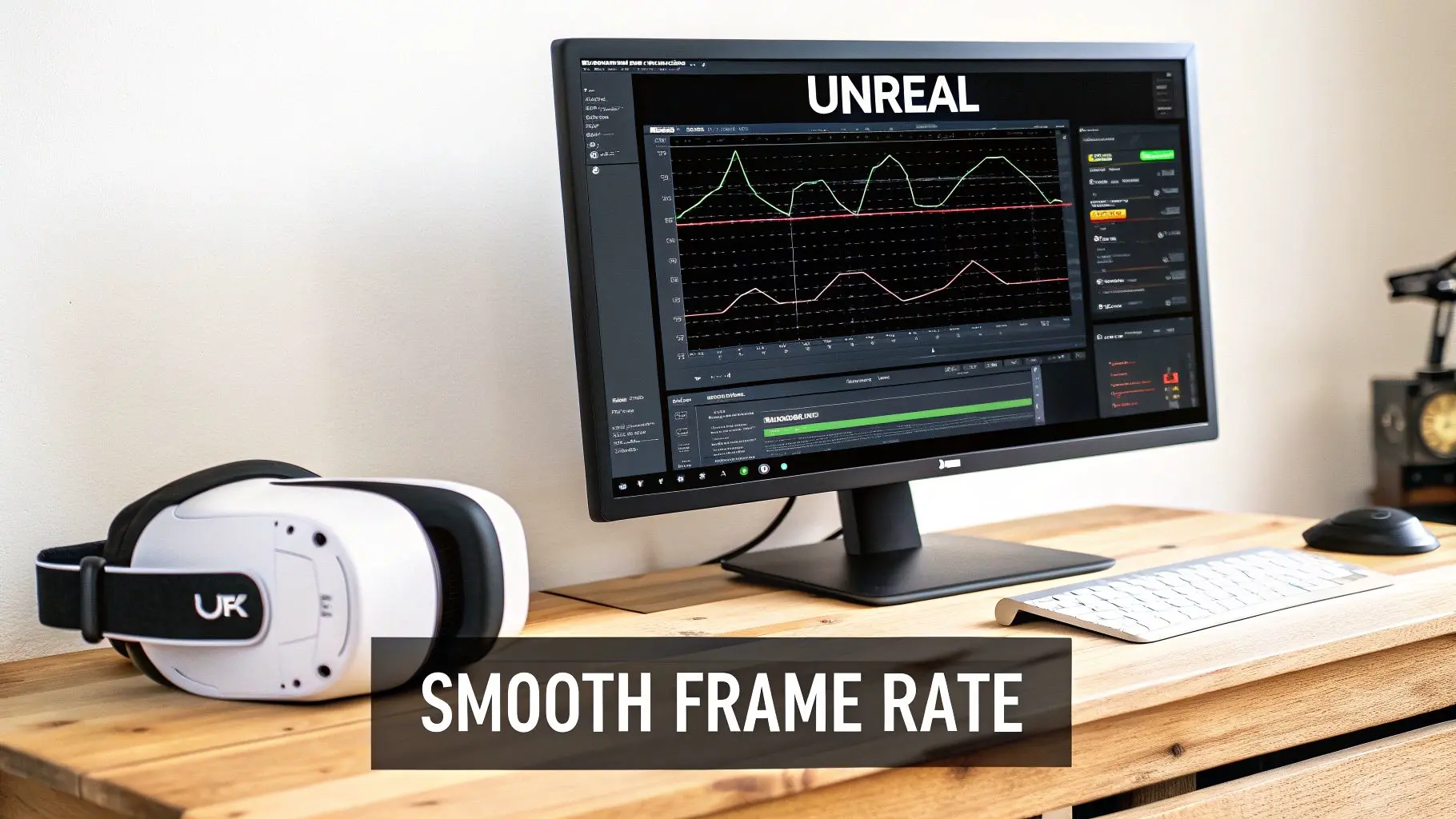 VR headset and monitor displaying Unreal Engine performance data on a wooden desk with 'Smooth Frame Rate'.