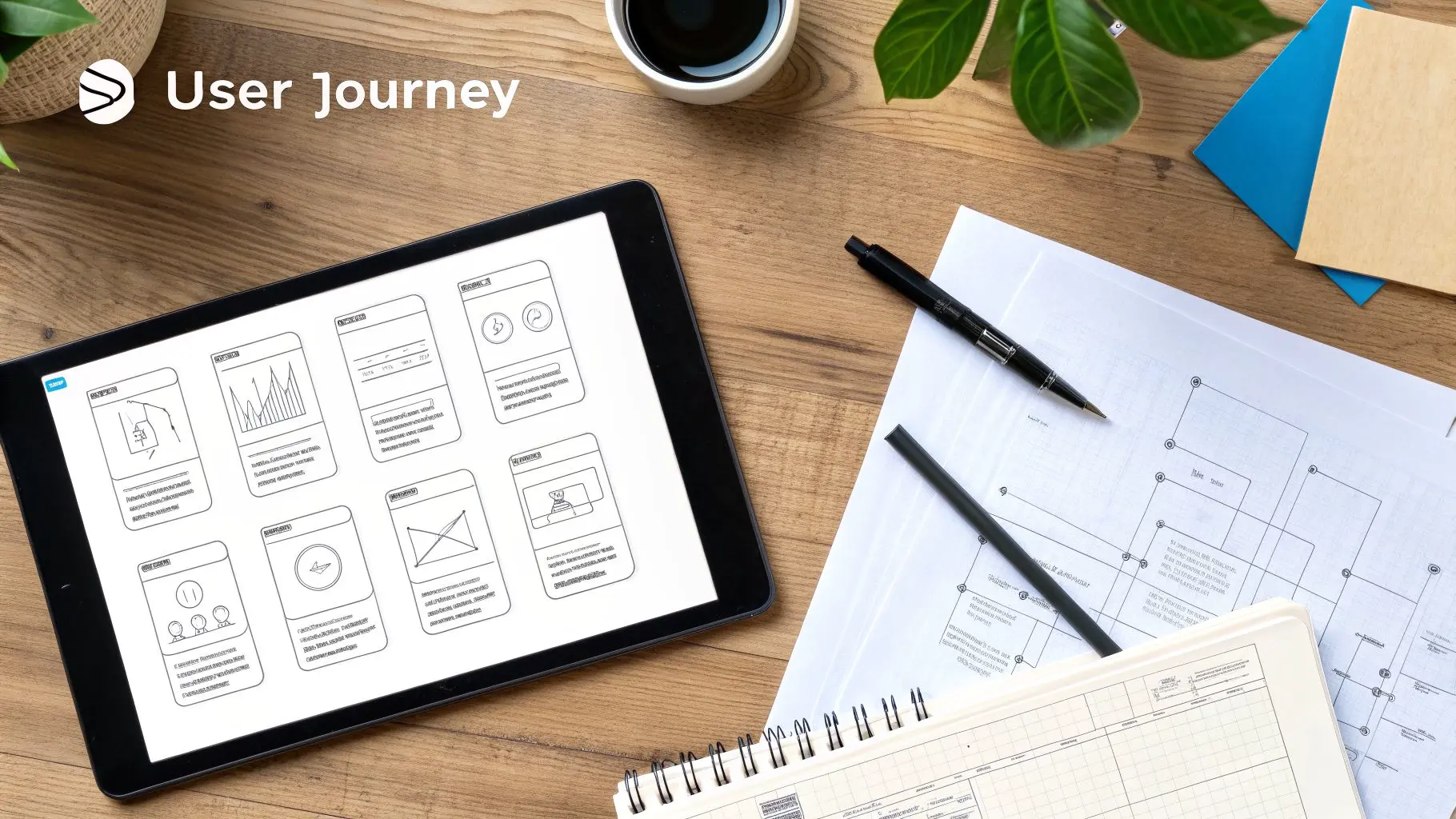 A flat lay image showing a tablet with mobile app wireframes, design documents, coffee, and a plant.