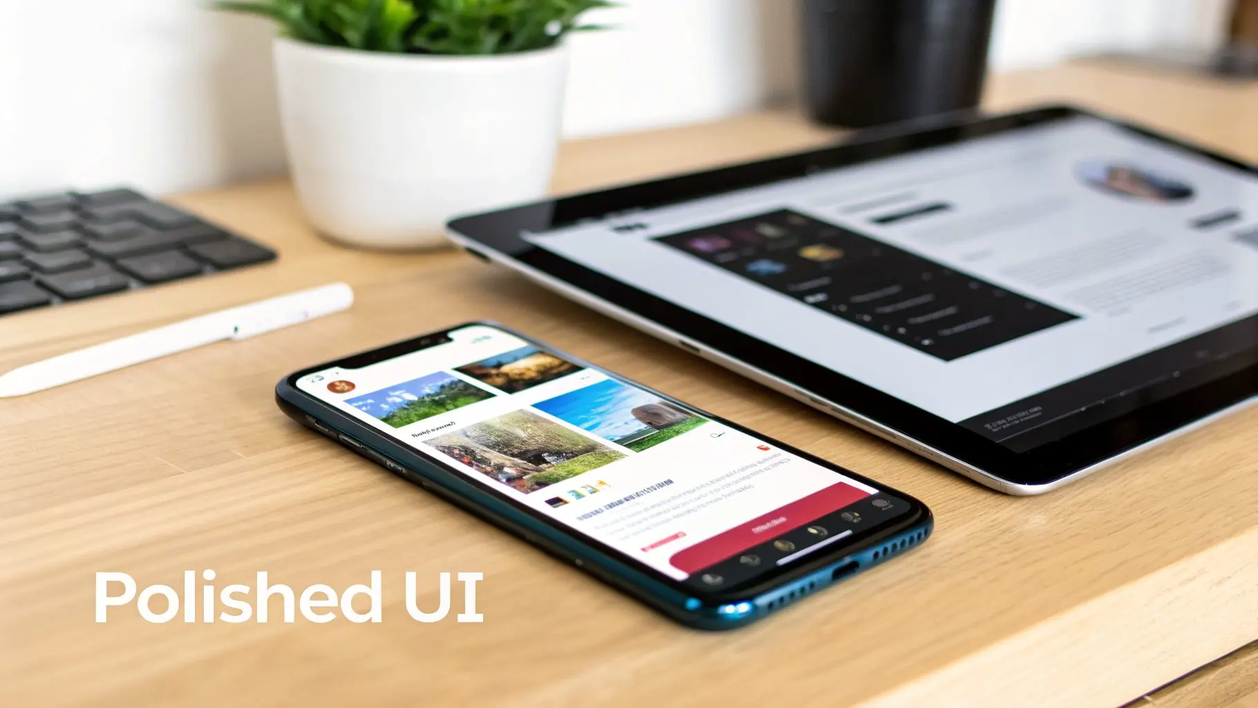 A smartphone and tablet display modern user interfaces on a wooden desk, symbolizing app design.