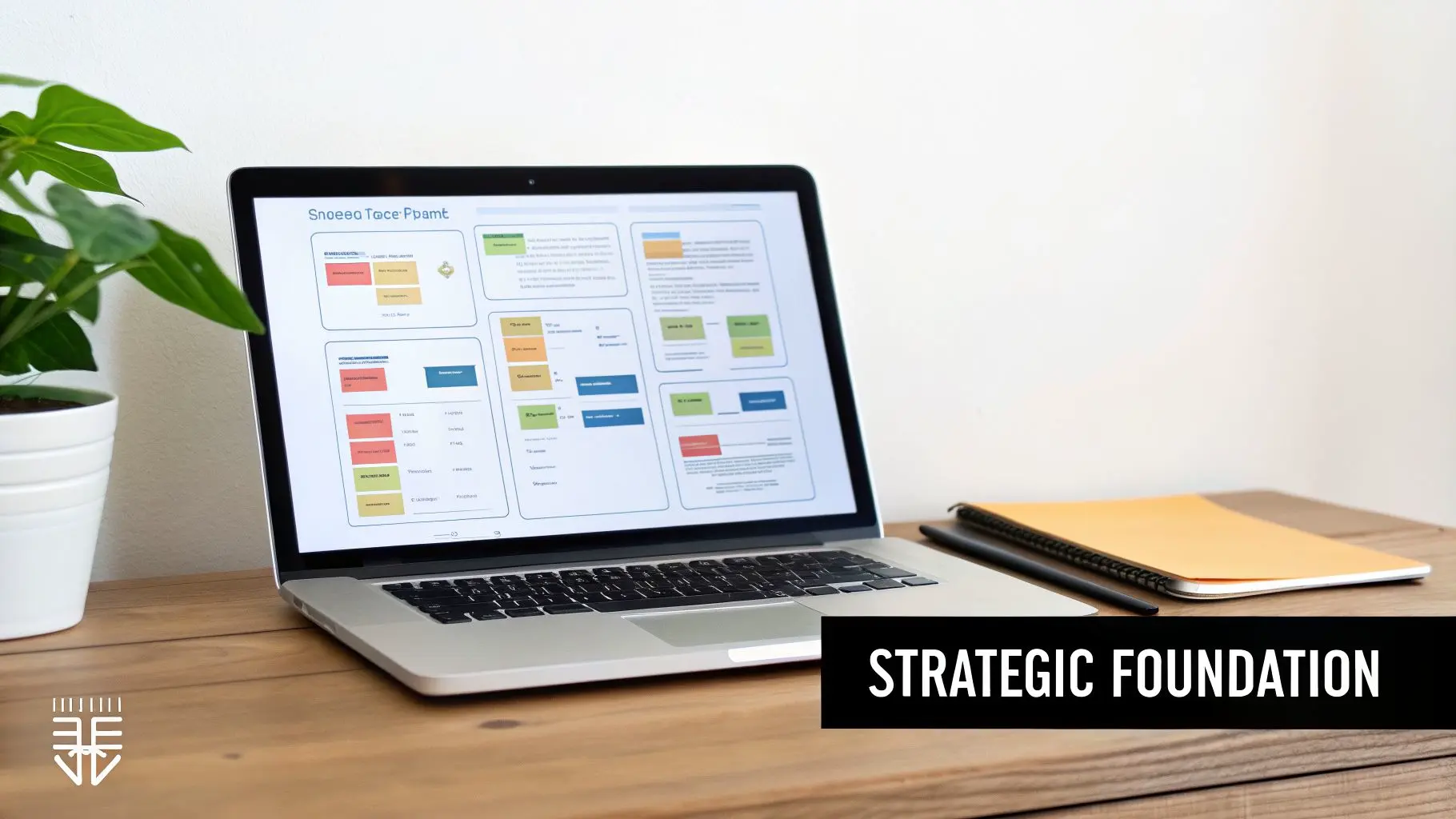 A laptop screen displays strategic diagrams and charts on a wooden desk with a plant and notebook.
