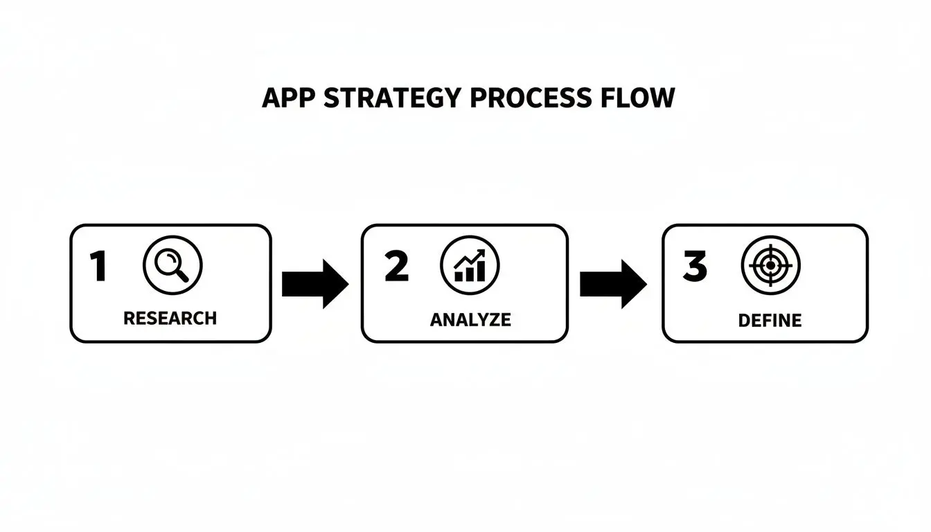 Flowchart illustrating the app strategy process with three sequential steps: Research, Analyze, and Define.