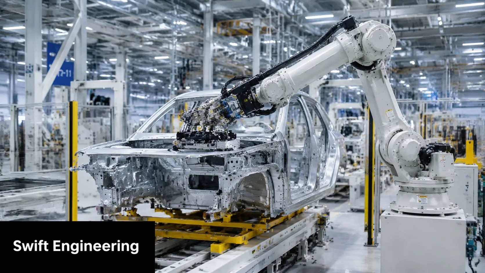 A robotic arm working on a metal car body chassis on an industrial factory assembly line.