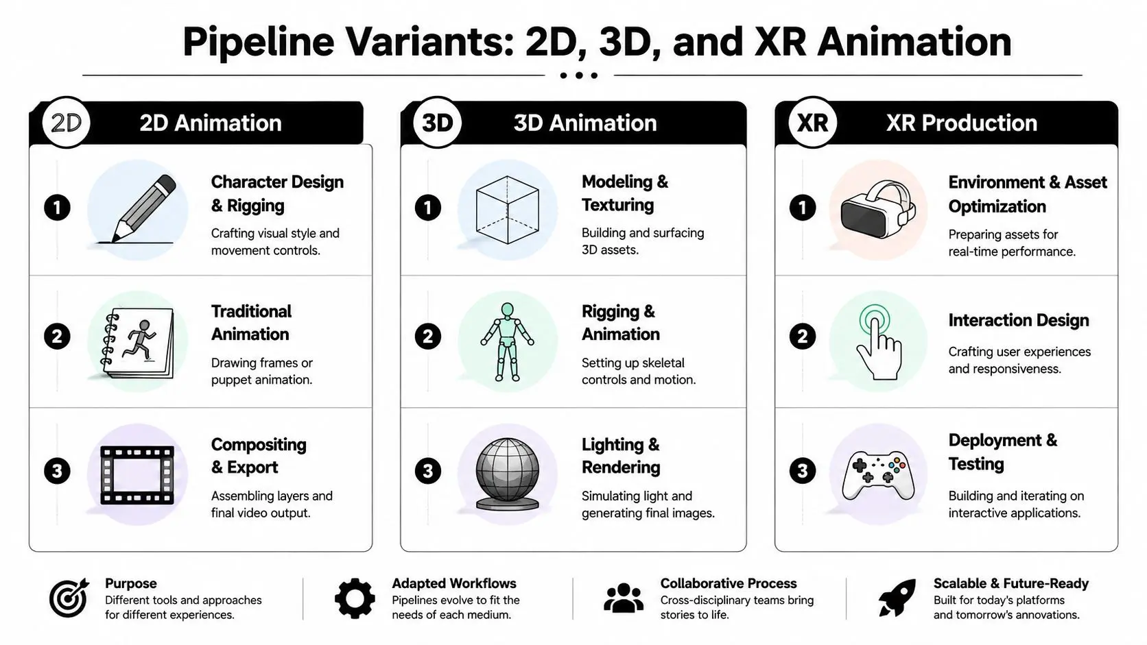 A diagram comparing the production pipelines for 2D animation, 3D animation, and XR interactive production.
