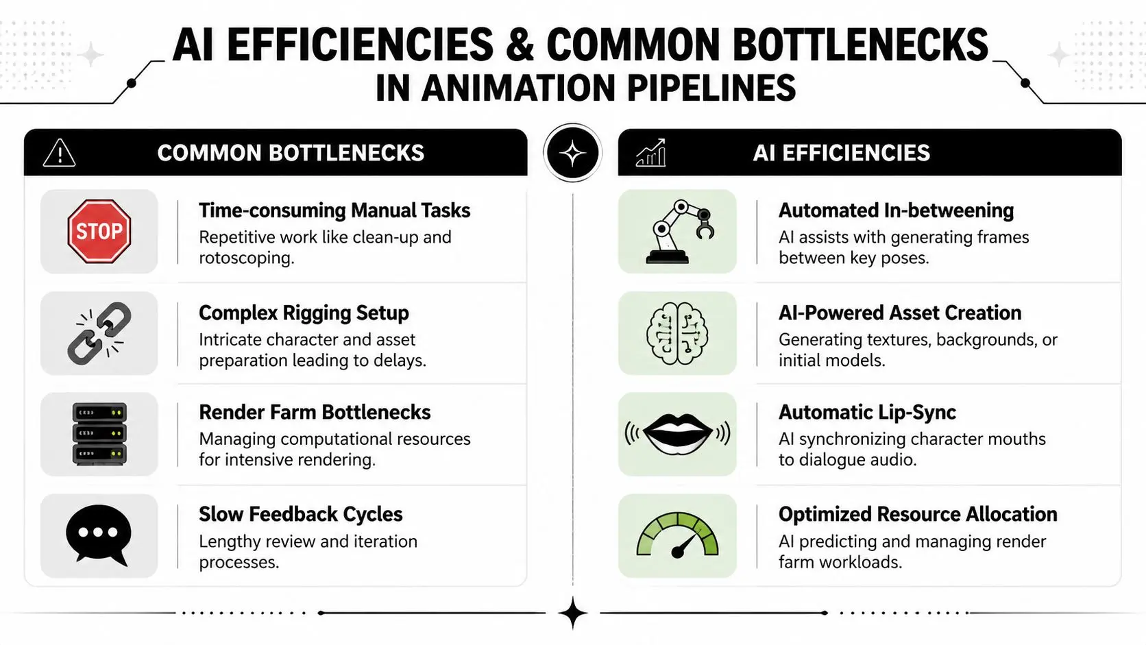 A comparison chart showing common animation pipeline bottlenecks and how AI efficiencies solve these industry challenges.