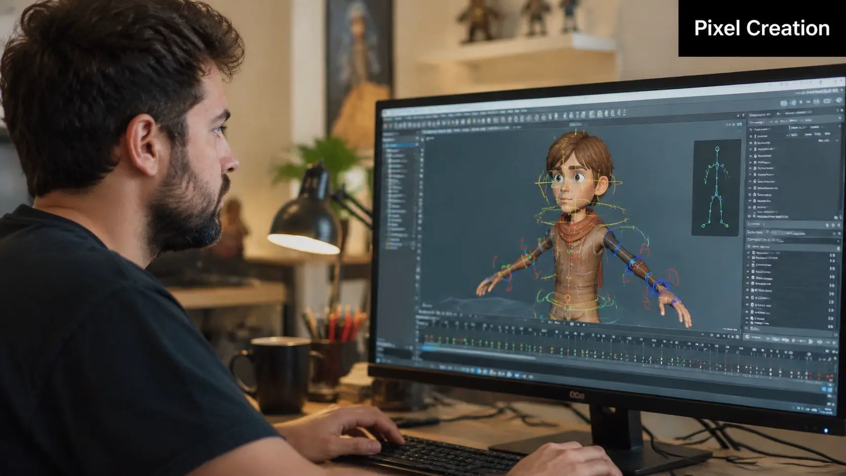 A male animator working on a 3D character design project using professional animation software on a computer.