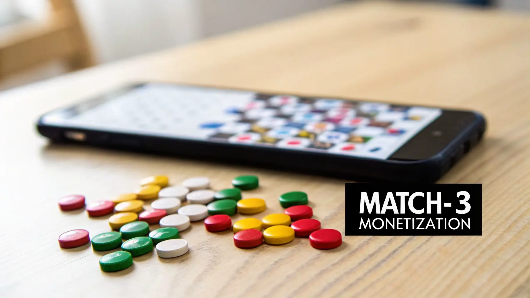 A smartphone on a wooden table with colorful game tokens and 'MATCH-3 MONETIZATION' text.