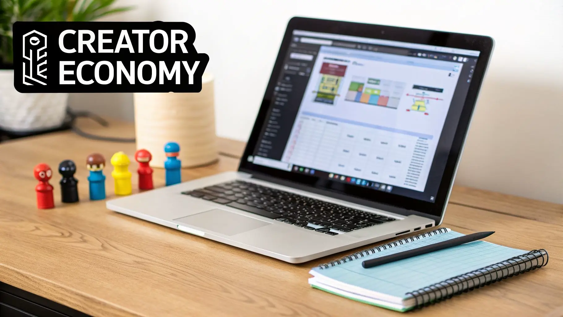 A laptop on a wooden desk with colorful wooden figures, a notebook, and a 'CREATOR ECONOMY' logo.
