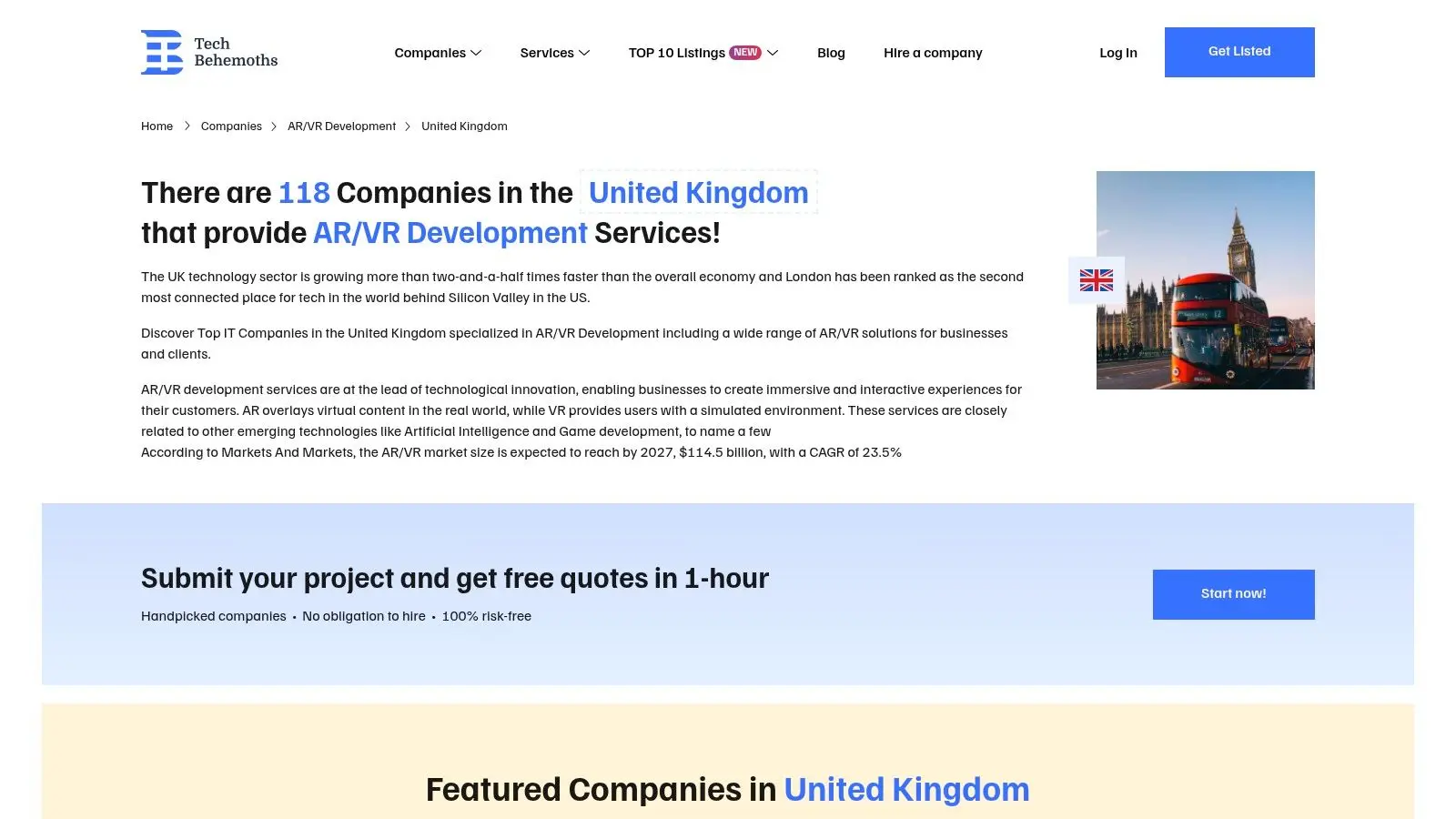 A screenshot of the TechBehemoths website interface, displaying a list of AR/VR development companies in the United Kingdom with filters for services, city, and company size.