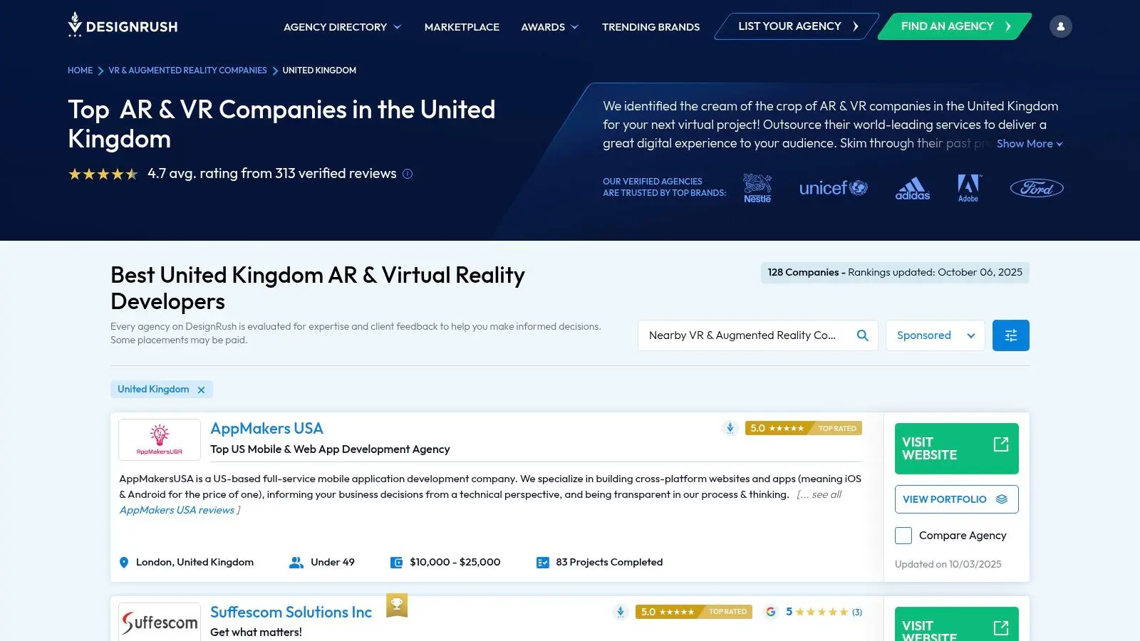A screenshot of the DesignRush website, showcasing a list of top-rated AR/VR development agencies with their services, client focus, and budget information clearly displayed.