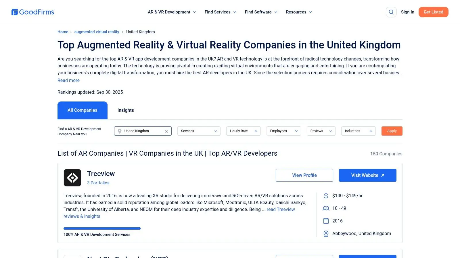 A screenshot of the GoodFirms website showing a directory of UK-based AR/VR development companies, with filters for location and services.
