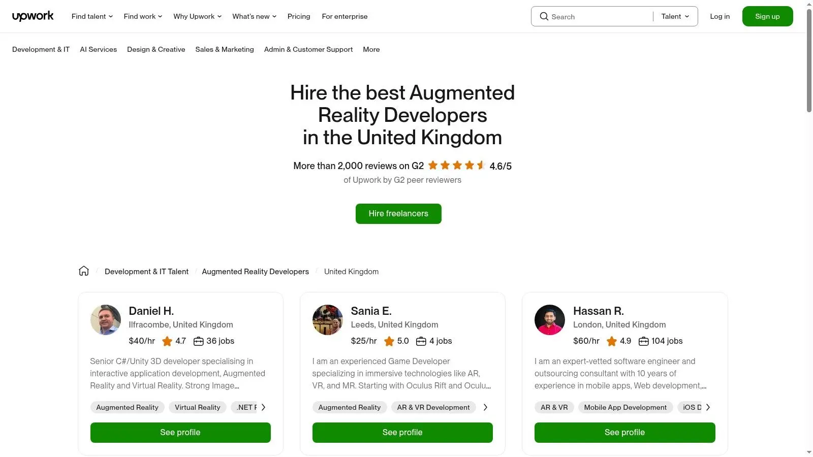 A screenshot of the Upwork interface showing a UK-based VR developer's profile, including their hourly rate, job success score, and a list of specialised skills.