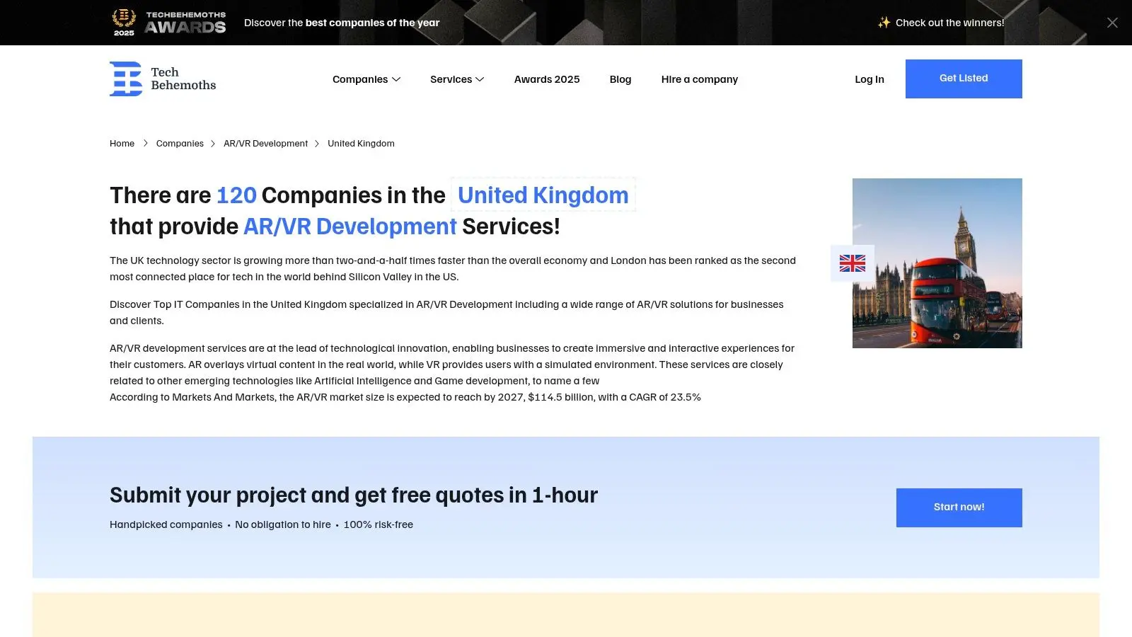 A cityscape of London with VR overlay elements, representing the search for VR game development companies in the UK on platforms like TechBehemoths.