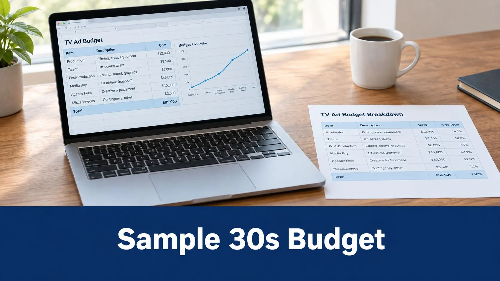 A laptop and printed document on a desk displaying a TV advertising budget and production cost breakdown.