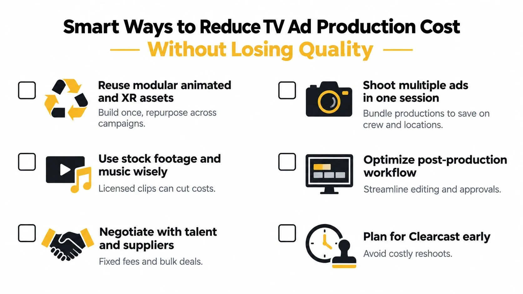 An infographic titled Smart Ways to Reduce TV Ad Production Cost listing six strategic efficiency tips.