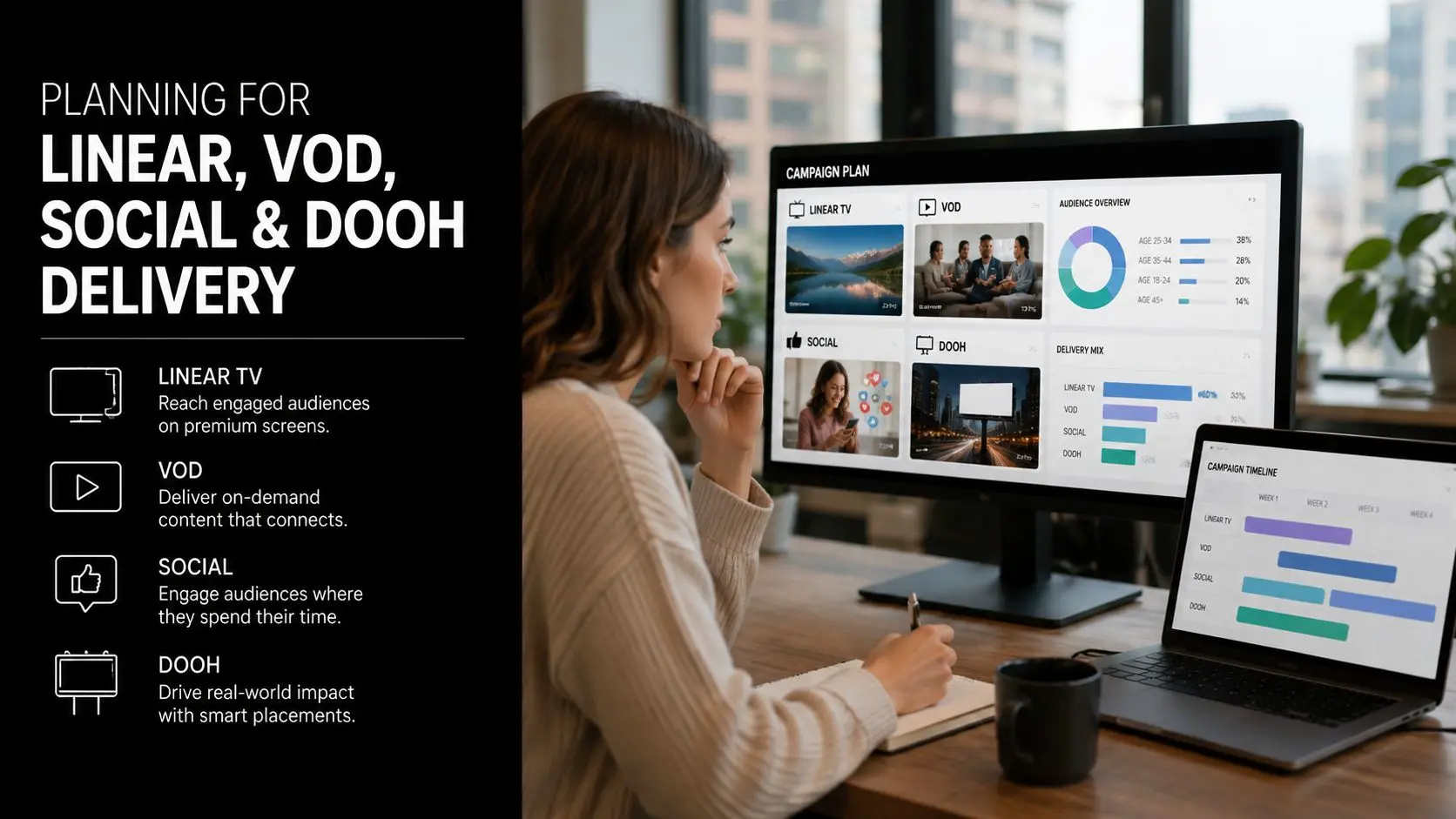 A woman working at her desk planning a cross-channel marketing campaign across TV, VOD, and social media.