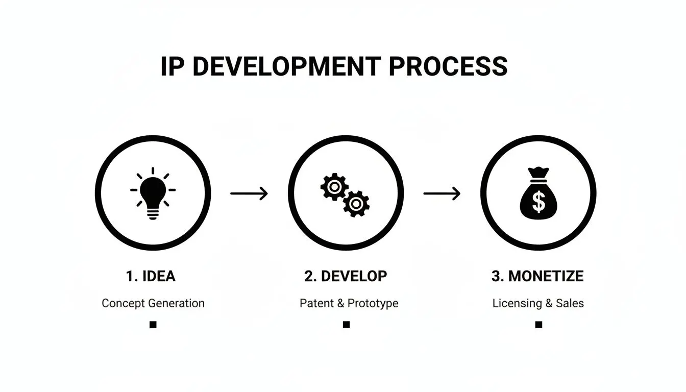 Diagram illustrating the IP development process with three steps: Idea, Develop, and Monetize, each with an icon and description.