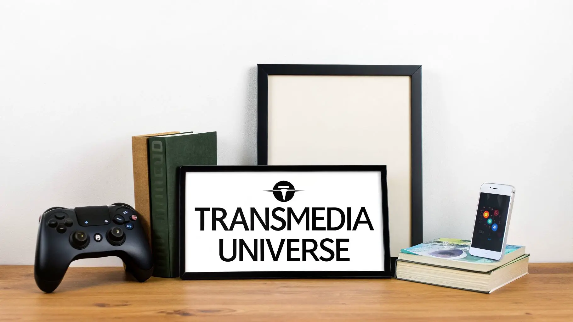 A black game controller, books, 'Transmedia Universe' sign, and a smartphone on a wooden table.