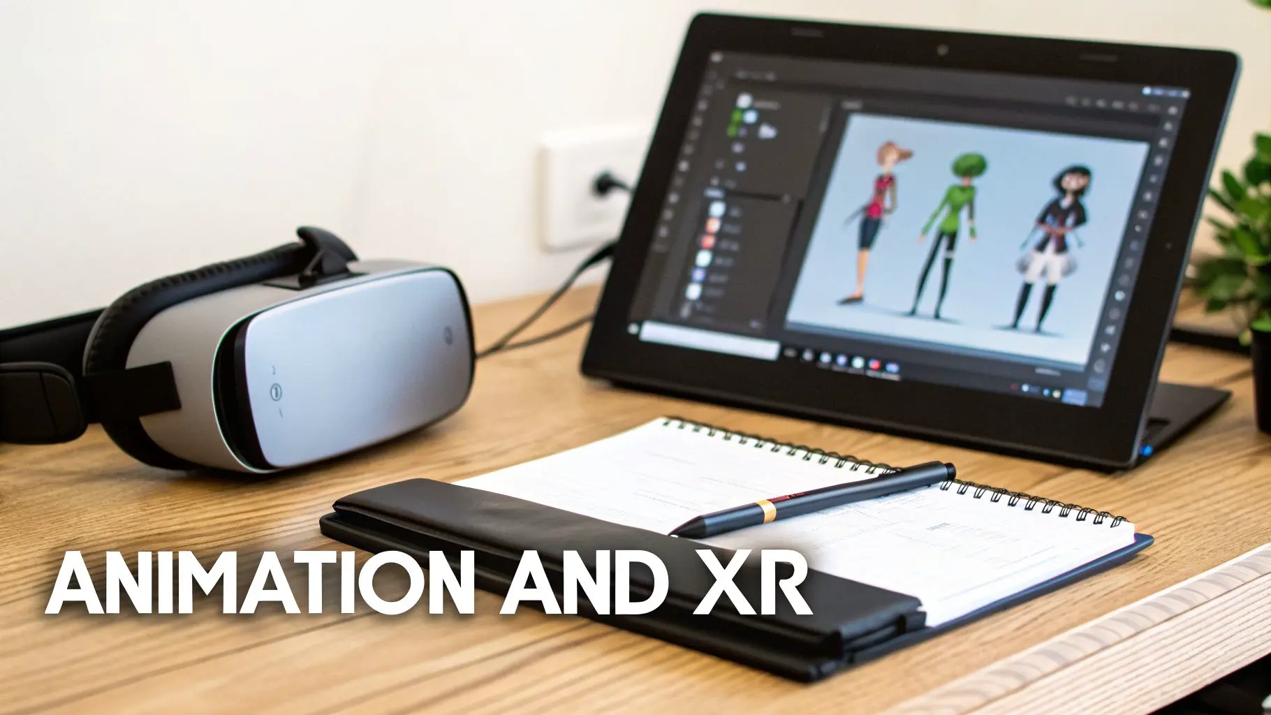 A virtual reality headset, laptop displaying animated character designs, and a notebook on a wooden desk, emphasizing animation and XR.