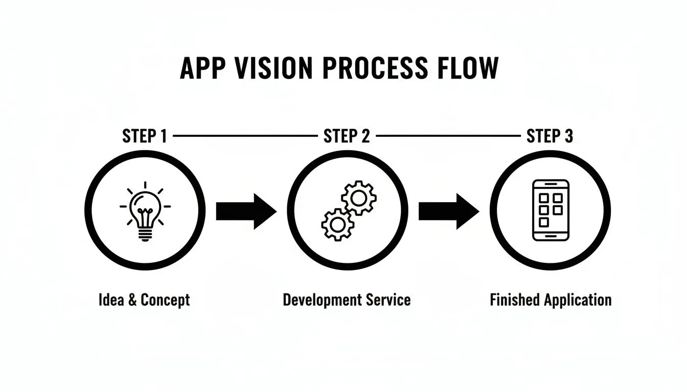 A three-step app vision process flow diagram showing idea, development, and finished application.
