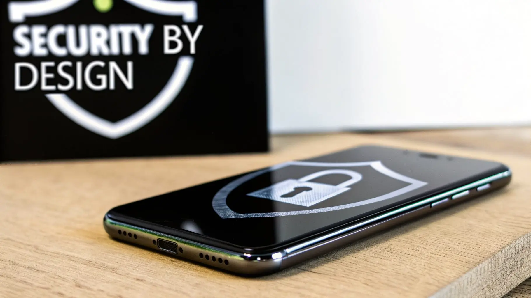 A smartphone displaying a security shield and padlock icon, with a 'Security by Design' sign in the background.