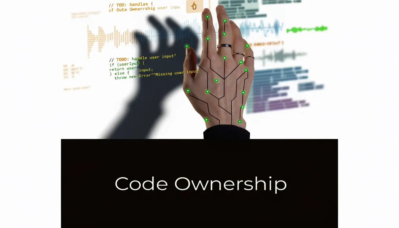 A human hand with digital circuitry patterns overlaid, set against a background of computer code and shadows.