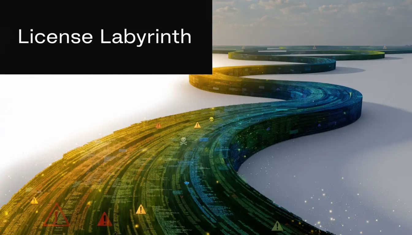 A conceptual image depicting a winding, code-filled path labeled License Labyrinth, representing complex software legal compliance challenges.
