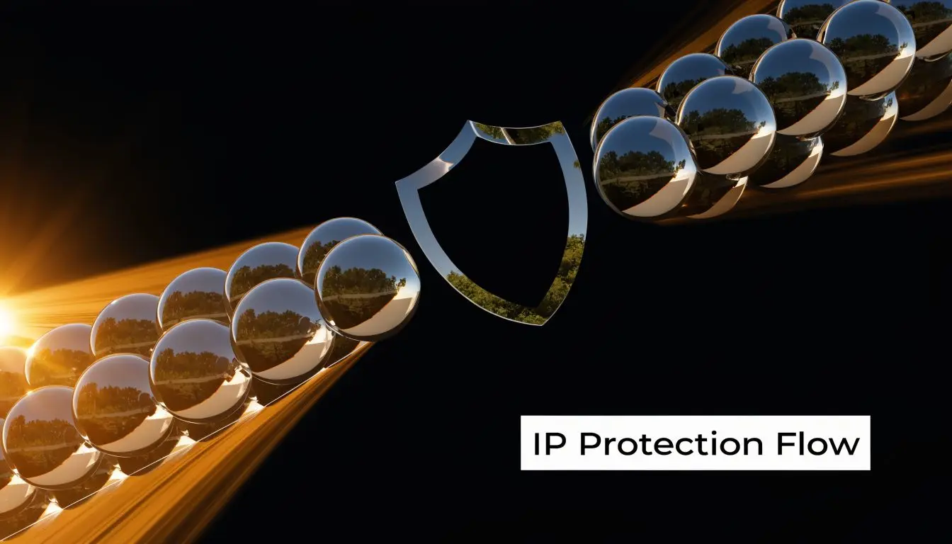 A conceptual 3D graphic showing silver metallic spheres flowing through a protective shield with golden light effects.